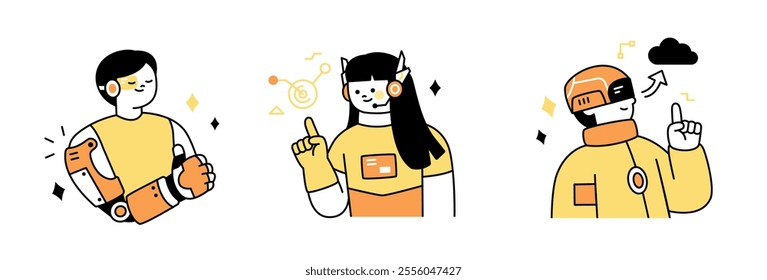 A cyborg human with a robotic arm, a character wearing a futuristic costume, and a person with a data transmission item. outline simple vector illustration.