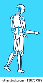 Cyborg, Humanoid Thin Line Vector Illustration. Cartoon Robot Pointing Gesture Isolated Character. Thin Line Cybernetic Creature with Cogwheels. Artificial Intelligence Machine, Mechanism, Bot