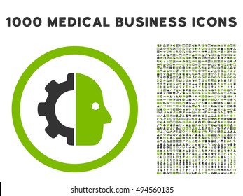 Cyborg icon with 1000 medical business eco green and gray vector design elements. Clipart style is flat bicolor symbols, white background.