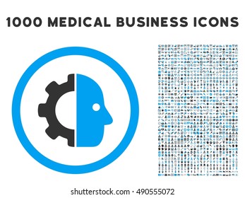 Cyborg icon with 1000 medical commercial gray and blue vector design elements. Design style is flat bicolor symbols, white background.