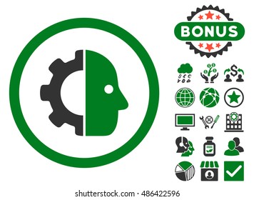 Cyborg icon with bonus design elements. Vector illustration style is flat iconic bicolor symbols, green and gray colors, white background.