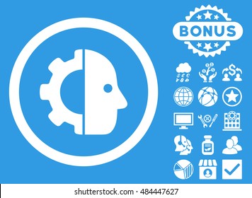 Cyborg icon with bonus images. Vector illustration style is flat iconic symbols, white color, blue background.