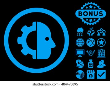 Cyborg icon with bonus images. Vector illustration style is flat iconic symbols, blue color, black background.