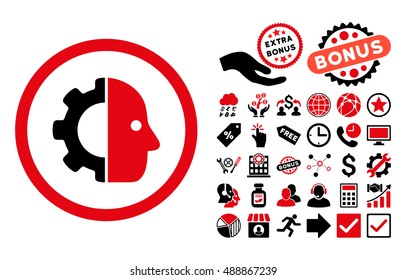 Cyborg icon with bonus images. Vector illustration style is flat iconic bicolor symbols, intensive red and black colors, white background.