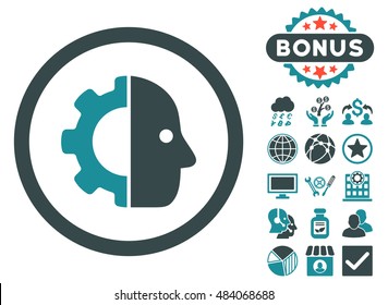 Cyborg icon with bonus pictogram. Vector illustration style is flat iconic bicolor symbols, soft blue colors, white background.
