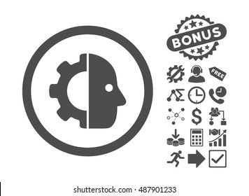 Cyborg icon with bonus pictures. Vector illustration style is flat iconic symbols, gray color, white background.