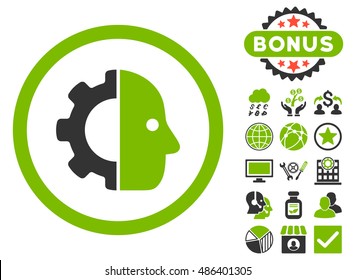Cyborg icon with bonus symbols. Vector illustration style is flat iconic bicolor symbols, eco green and gray colors, white background.