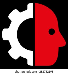 Cyborg icon from Business Bicolor Set. Collection style: flat bicolor symbols, red and white colors, rounded angles, black background.