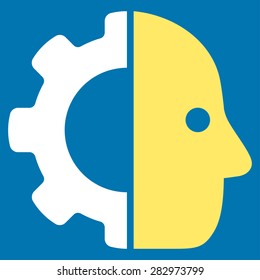 Cyborg icon. Style: flat bicolor symbol, yellow and white colors, rounded angles, blue background.