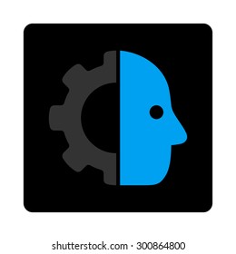 Cyborg icon. Vector style is gray and light blue colors, flat rounded square black button on a white background.