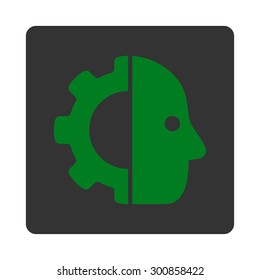 Cyborg icon. Vector style is green and gray colors, flat rounded square button on a white background.