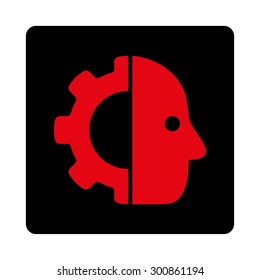 Cyborg icon. Vector style is intensive red and black colors, flat rounded square button on a white background.