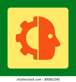Cyborg icon. Vector style is orange and yellow colors, flat rounded square button on a green background.