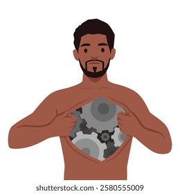 Cyborg Identity. Man pulling open his chest to reveal mechanical gears inside, Fusion of machine. Flat vector illustration isolated on white background
