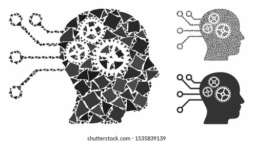 Cyborg interface circuit mosaic of raggy items in different sizes and color tinges, based on cyborg interface circuit icon. Vector raggy items are combined into composition.