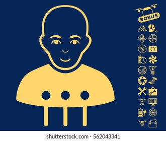 Cyborg Interface icon with bonus aircopter tools design elements. Vector illustration style is flat iconic yellow symbols on blue background.