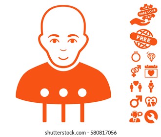 Cyborg Interface icon with bonus amour pictures. Vector illustration style is flat iconic orange symbols on white background.