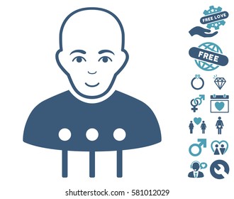Cyborg Interface icon with bonus amour symbols. Vector illustration style is flat iconic cyan and blue symbols on white background.