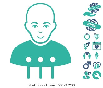 Cyborg Interface icon with bonus decorative pictures. Vector illustration style is flat iconic cobalt and cyan symbols on white background.