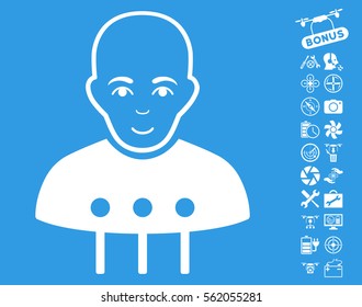Cyborg Interface icon with bonus quad copter service pictures. Vector illustration style is flat iconic white symbols on blue background.