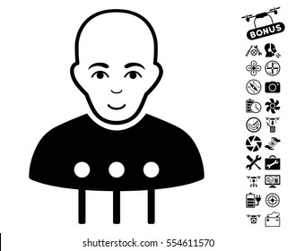 Cyborg Interface icon with bonus quadrocopter service symbols. Vector illustration style is flat iconic black symbols on white background.