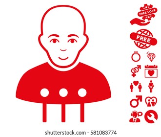 Cyborg Interface pictograph with bonus dating symbols. Vector illustration style is flat iconic red symbols on white background.