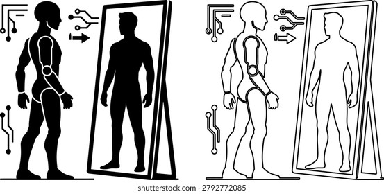 Cyborg Internal Anatomy Mirror Reflection Vector, AI Human Robotic Structure Identity Silhouette and Line Art