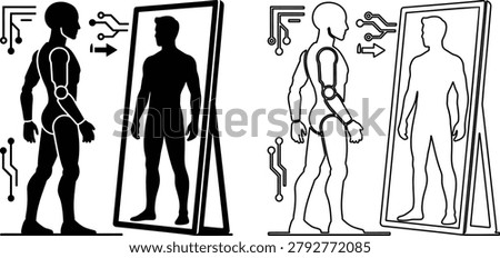 Cyborg Internal Anatomy Mirror Reflection Vector, AI Human Robotic Structure Identity Silhouette and Line Art