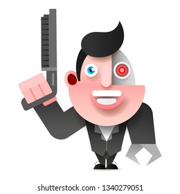 Cyborg In Leather Jacket With Shotgun Vector Illustration On White Background