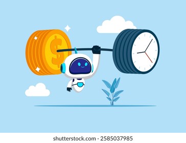 Cyborg lifting weights. Investment financial literacy, investing expert, effort to earn more dollar money. Vector illustration.