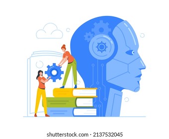 Cyborg and Machine Training Process. Tiny Engineers Characters with Cogwheel at Huge Robot Head. Artificial Intelligence Development, Learning, Assembly Technology. Cartoon People Vector Illustration