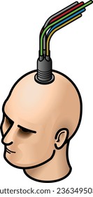 A cyborg man's head with a bundle of wires coming out of it.