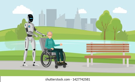 Cyborg With Old Man Outdoor Vector Illustration. Mechanical Caregiver And Disabled Senior In Wheelchair On Walk In Park Cartoon Characters. Futuristic Elderly Care, Robot Assistant For Handicapped