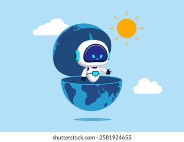 Cyborg open globe. World economic vision or international opportunity for technology, work or investment, searching for oversea technology concept. Vector illustration