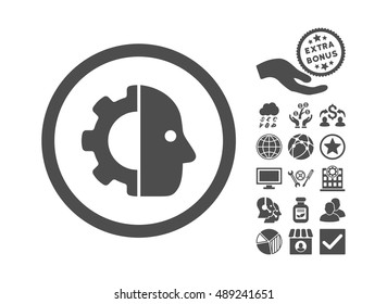 Cyborg pictograph with bonus elements. Vector illustration style is flat iconic symbols, gray color, white background.