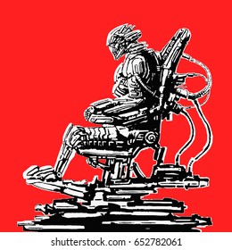 Cyborg pilot sits in suit on his iron throne. Science fiction original character. Vector illustration.