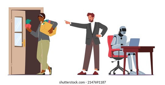 Cyborg Replace People at Job. Robotics Industry, Artificial Intelligence Concept. Robot Replace Employee Character at Work, Worker Turnover Technologies, Automation. Cartoon People Vector Illustration