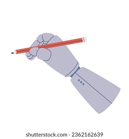 Cyborg or robot draws with a pencil. Mechanical palm with fingers. Artificial intelligence draws. Vector flat isolated illustration.