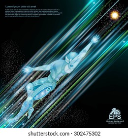 Cyborg robot flying with light trails and motion blur on space background