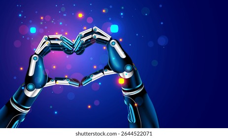 A cyborg or robot makes a heart gesture with his hands. The hands of the humanoid robot are folded in a heart shaped close-up. Artificial intelligence shows a gesture of love. Vector cyborg hands. - Powered by Shutterstock - Get 15% off with code: PIKWIZARD15