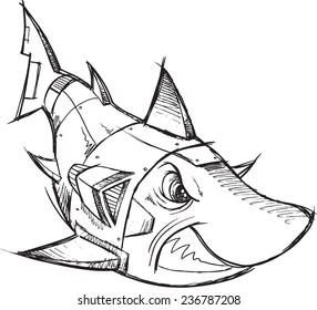 Cyborg Robot Shark Sketch Vector Illustration Art