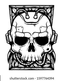 Cyborg Robot Skull Illustration With Leaves For T Shirt