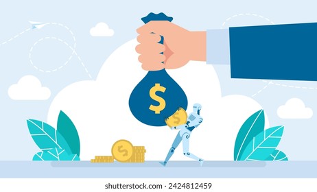 Cyborg robot steals money from a big bag through a hole. Artificial intelligence deprives the worker of profit. Stealing finance crime concept. Robot taking money from businessman. Vector Illustration