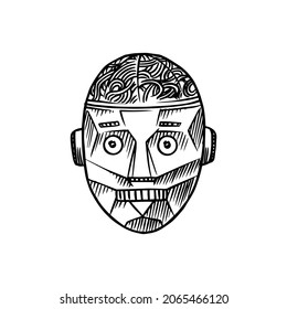 Cyborg robot. Vintage metal head sketch. Artificial intelligence. Engraving vector illustration. Line icon. Scratch board in old style.