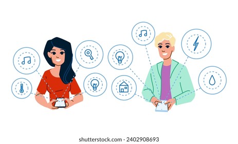 vector de automatización del hogar de la robótica del ciborg.  inteligencia artificial, sofá futurista, personaje futuro de la robótica cibernética de la casa. ilustración de dibujos animados planos de personas