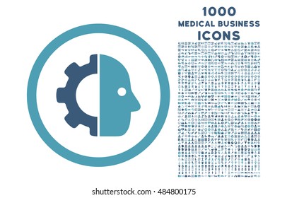 Cyborg rounded vector bicolor icon with 1000 medical business icons. Set style is flat pictograms, cyan and blue colors, white background.