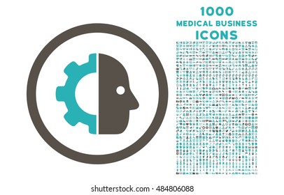 Cyborg rounded vector bicolor icon with 1000 medical business icons. Set style is flat pictograms, grey and cyan colors, white background.