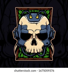 Cyborg skull illustration with leaves background