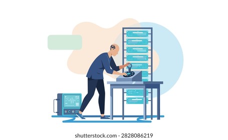 Cyborg technician operating high tech control console near server rack equipment