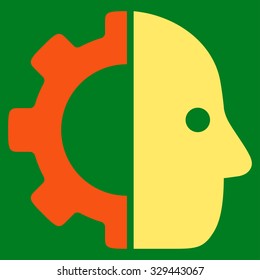 Cyborg vector icon. Style is bicolor flat symbol, orange and yellow colors, rounded angles, green background.